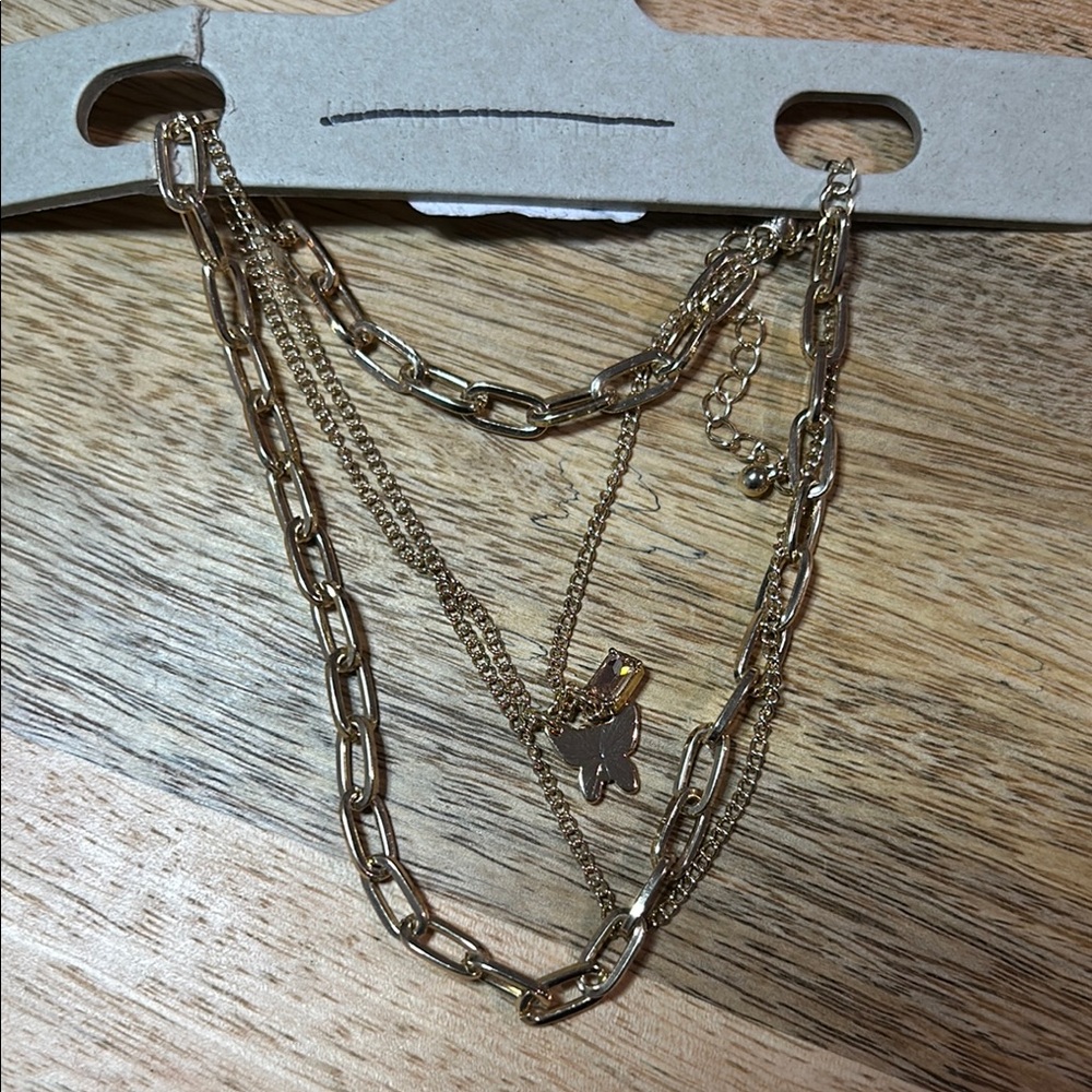 Urban Outfitters Layered Chain Butterfly Pink Charm Necklace